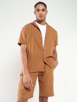 SHOWOFF - Men Brown Cuban Collar Solid Co-Ord (Set of 2)