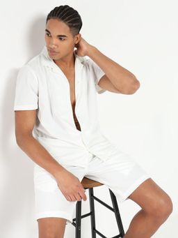 SHOWOFF - Men White Cuban Collar Solid Co-Ord (Set of 2)
