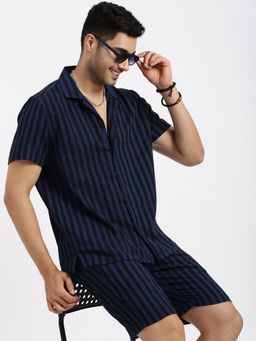 SHOWOFF - Men Navy Blue Cuban Collar Striped Co-Ord (Set of 2)