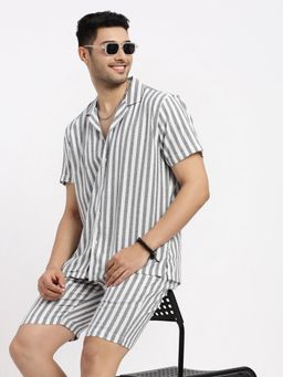 SHOWOFF - Men White Cuban Collar Striped Co-Ord (Set of 2)