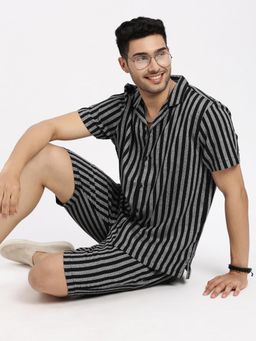 SHOWOFF - Men Black Cuban Collar Striped Co-Ord (Set of 2)