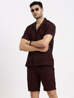 SHOWOFF - Men Red Cuban Collar Striped Co-Ord (Set of 2)