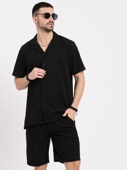 SHOWOFFFF - Men Black Cuban Collar Solid Co-Ord (Set of 2)