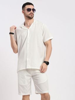 SHOWOFF - Men White Cuban Collar Solid Co-Ord (Set of 2)