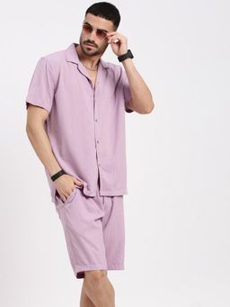 SHOWOFF - Men Lavender Cuban Collar Solid Co-Ord (Set of 2)