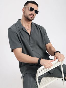 SHOWOFF - Men Grey Cuban Collar Solid Co-Ord (Set of 2)