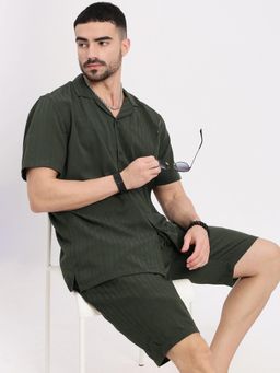 SHOWOFF - Men Olive Cuban Collar Solid Co-Ord (Set of 2)