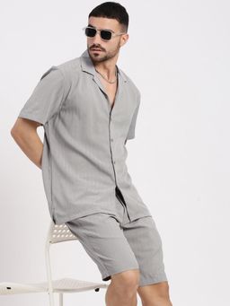 SHOWOFF - Men Grey Cuban Collar Solid Co-Ord (Set of 2)