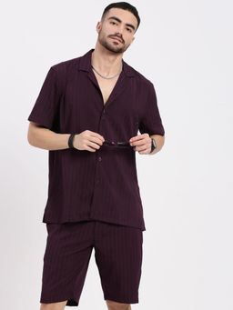SHOWOFF - Men Purple Cuban Collar Solid Co-Ord (Set of 2)