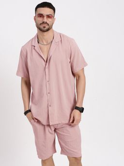 SHOWOFF - Men Peach Cuban Collar Solid Co-Ord (Set of 2)
