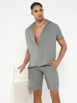 SHOWOFF - Men Grey Solid Cuban Collar Co-Ord (Set of 2)