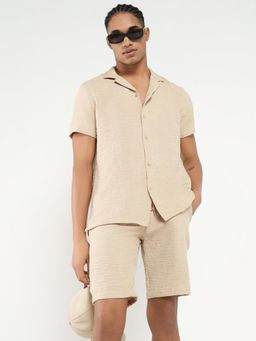 SHOWOFF - Men Beige Solid Cuban Collar Co-Ord (Set of 2)