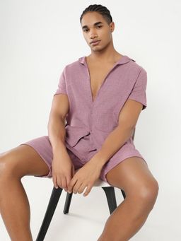 SHOWOFF - Men Mauve Solid Cuban Collar Co-Ord (Set of 2)
