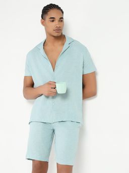 SHOWOFF - Men Sea Green Solid Cuban Collar Co-Ord (Set of 2)