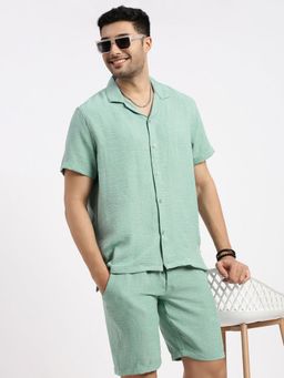 SHOWOFF - Men Green Cuban Collar Solid Co-Ord (Set of 2)