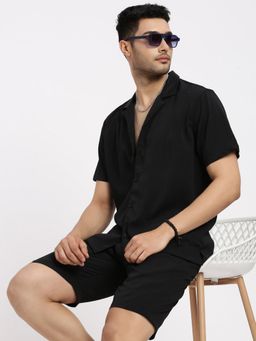 SHOWOFFFF - Men Black Cuban Collar Solid Co-Ord (Set of 2)