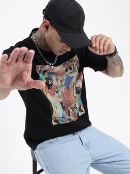 SHOWOFF - Men Graphic Black Relaxed Fit T-Shirt