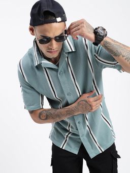 SHOWOFF - Men Striped Sea Green Cuban Notched Lapel Relaxed Fit Shirt