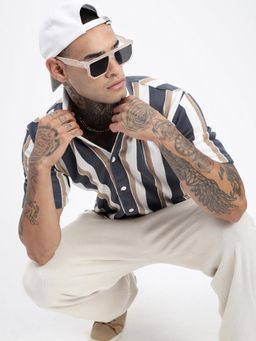 SHOWOFF - Men Striped Multi-Color Cuban Notched Lapel Relaxed Fit Shirt