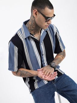 SHOWOFF - Men Striped Blue Cuban Notched Lapel Relaxed Fit Shirt