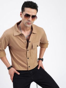 SHOWOFF - Men Solid Brown Cuban Notched Lapel Relaxed Fit Shirt
