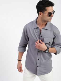 SHOWOFF - Men Striped Grey Cuban Notched Lapel Relaxed Fit Shirt