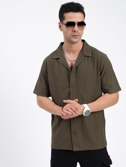 SHOWOFF - Men Stripes Olive Cuban Notched Lapel Relaxed Fit Shirt