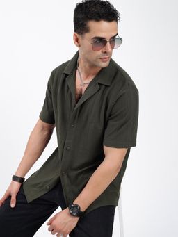 SHOWOFF - Men Stripes Green Cuban Notched Lapel Relaxed Fit Shirt