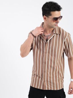 SHOWOFF - Men Striped Brown Cuban Notched Lapel Relaxed Fit Shirt