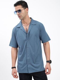 SHOWOFF - Men Solid Blue Cuban Notched Lapel Relaxed Fit Shirt