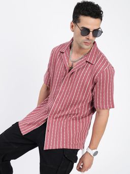 SHOWOFF - Men Stripes Pink Cuban Notched Lapel Relaxed Fit Shirt