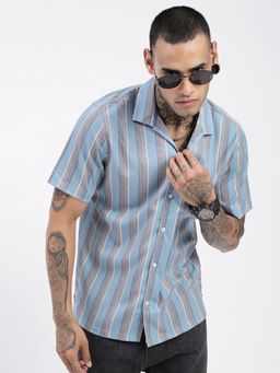 SHOWOFF - Men Striped Multi-Color Cuban Notched Lapel Relaxed Fit Shirt