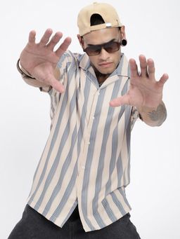 SHOWOFF - Men Striped Multi-Color Cuban Notched Lapel Relaxed Fit Shirt