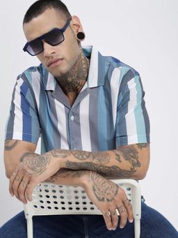 SHOWOFF - Men Striped Multi-Color Cuban Notched Lapel Relaxed Fit Shirt