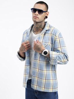 SHOWOFF - Men Checked Blue Cuban Notched Lapel Shacket