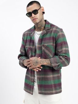 SHOWOFF - Men Checked Green Cuban Notched Lapel Shacket