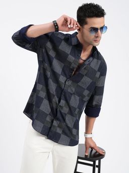 SHOWOFF - Men Checks Navy Blue Slim Fit Shirt