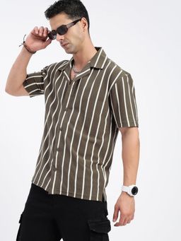 SHOWOFF - Men Stripes Olive Cuban Notched Lapel Relaxed Fit Shirt