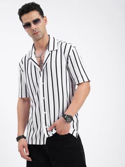 SHOWOFF - Men Striped White Cuban Notched Lapel Relaxed Fit Shirt