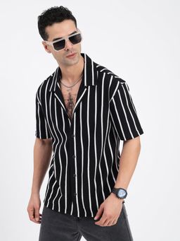 SHOWOFF - Men Striped Black Cuban Notched Lapel Relaxed Fit Shirt