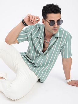 SHOWOFFFF - Men Striped Green Cuban Notched Lapel Relaxed Fit Shirt