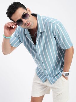 SHOWOFFFF - Men Striped Blue Cuban Notched Lapel Relaxed Fit Shirt