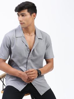 SHOWOFF - Men Stripes Grey Cuban Notched Lapel Relaxed Fit Shirt