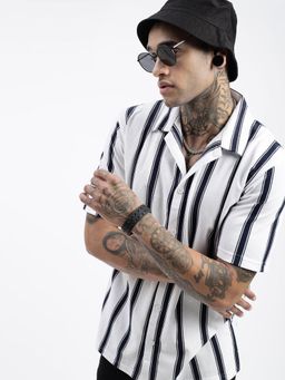 SHOWOFF - Men Striped White Cuban Notched Lapel Relaxed Fit Shirt
