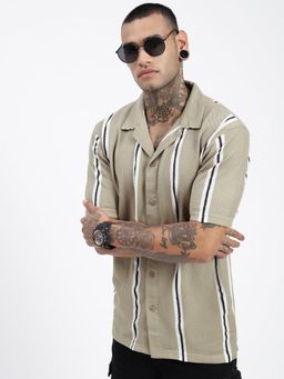 SHOWOFF - Men Striped Olive Cuban Notched Lapel Relaxed Fit Shirt