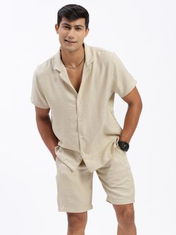 SHOWOFF - Mens Cuban Collar Solid Beige Co-Ord (Set of 2)