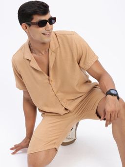SHOWOFF - Mens Cuban Collar Solid Brown Co-Ord (Set of 2)
