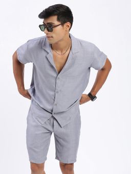 SHOWOFF - Mens Cuban Collar Solid Grey Co-Ord (Set of 2)