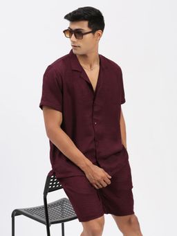 SHOWOFF - Mens Cuban Collar Solid Burgundy Co-Ord (Set of 2)
