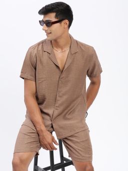 SHOWOFF - Mens Cuban Collar Solid Brown Co-Ord (Set of 2)
